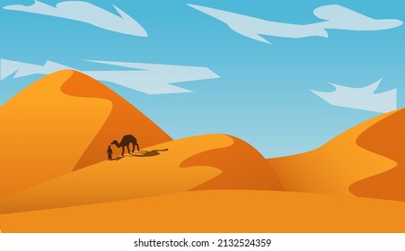 Illustration. Desert. Dune. Man with camel in the desert. High sand dune. A Bedouin walking along the top with a camel. The vivid landscape of the Sahara desert