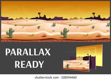 Illustration of a desert evening landscape ,with herbs, mountains and sky, vector unending background with separated layers for game.   