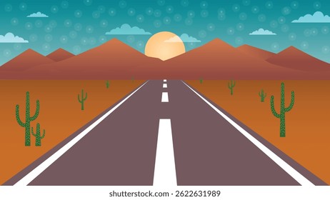 Illustration of a desert highway surrounded by cactus mountains and a glowing sunset under a starry sky perfect for travel and adventure themed design projects