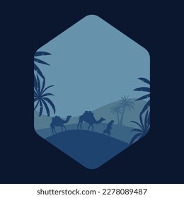 illustration of a desert landscape with camel traders walking