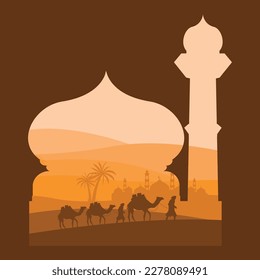 Illustration einer Wüstenlandschaft mit Kamelhändlern