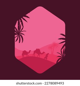 illustration of a desert landscape with camel traders walking