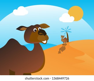 Illustration of desert landscape. Cartoon desert landscape with camel and hills silhouettes, vector nature horizontal background