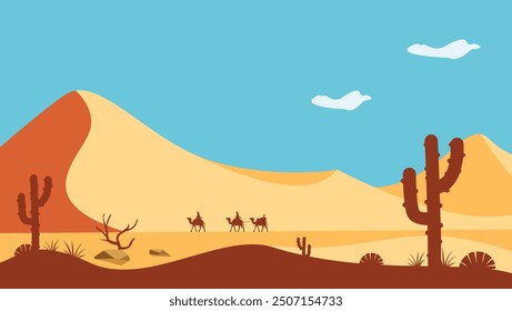 illustration of a desert landscape in the middle east with camels and katus trees