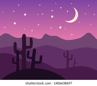 Illustration of the desert landscape with moonlight.Egyptian desert with cacti and hills in violet shades. Vector mexican landscape with cactuses and dunes.Flat vector illustration of desert landscape