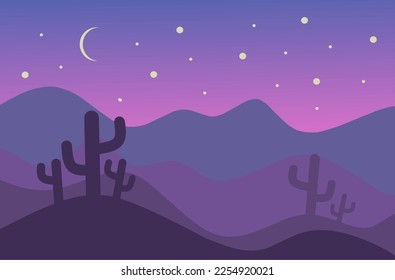 Illustration of the desert landscape with moonlight.Egyptian desert with cacti and hills in violet shades. Vector mexican landscape with cactuses and dunes.Flat vector illustration of desert landscape