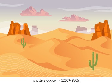 Illustration of desert landscape and sunset. Vector background