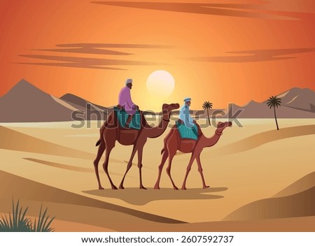Illustration of a desert landscape, two men doing dessert safari sitting on camel during sunrise, vector of dessert