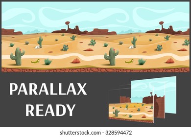 Illustration of a desert landscape ,with herbs, mountains and sky, vector unending background with separated layers for game. 