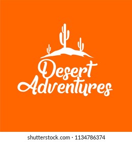 Illustration desert logo vector isolated in orange background with simple typography for tourism organizations, outdoor events and camping leisure. Showing sand dune and cactus