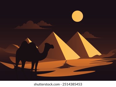 Illustration of a desert at night, featuring a camel silhouette riding across sand dunes with a sunset and a pyramid in the background. This scene captures Middle Eastern and African culture. Not ai.