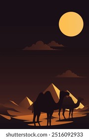 Illustration of a desert at night, featuring a camel silhouette riding across sand dunes with a sunset and a pyramid in the background. This scene captures Middle Eastern and African culture. Not ai.