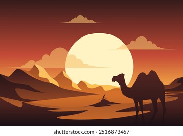 Illustration of a desert at night, featuring a camel silhouette riding across sand dunes with a sunset and a dune in the background. This scene captures Middle Eastern and African culture. Not ai.