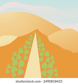 An illustration of a desert oasis with green plants lining a pathway through the dunes. backgrounds, wallpapers, and educational materials.