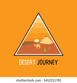 Illustration of desert with pyramid, camel, cactus and sunset in a triangle fit for desert journey badge, desert journey emblems, and Egypt tourism logo