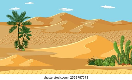 Illustration of desert with sand dunes and plants