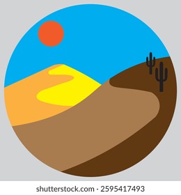 Illustration of desert and sun, sand dunes, cactus