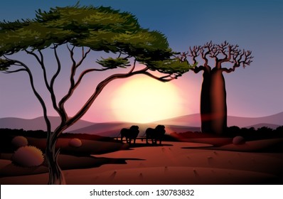 Illustration of a desert with a sunset view