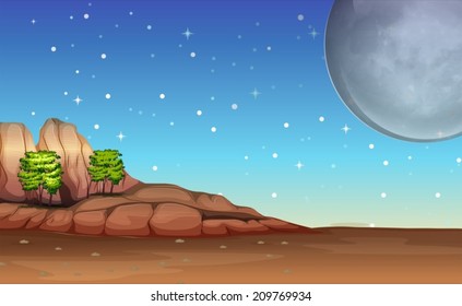 Illustration of a desert under the bright full moon and sparkling stars