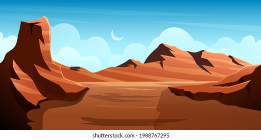 illustration of desert valley with various rocky mountains and hills with moon clear sky