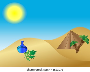 Illustration of desert with vase, pyramid and palms