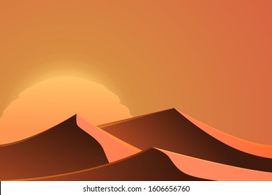 Illustration of desert view and sunset in the evening. Beautiful sunset on desert. vector, illustration.