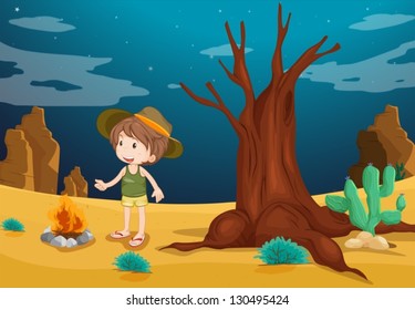 Ilustración de un desierto con un niño pequeño