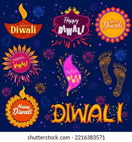 illustration of desi style badge template background with burning diya on Happy Diwali Holiday for light festival of India