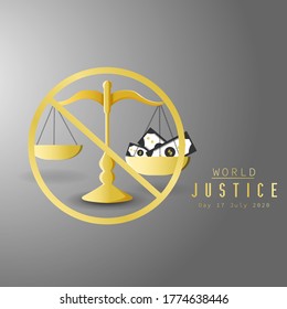 Ilustración de diseño sobre la definición de rechazo y prohibición de justicia sólo para personas que tienen dinero. Día Internacional de la Justicia 2020