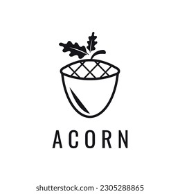 Illustration Design of Acorn with Leaves. Acorn Icon in Flat Style.