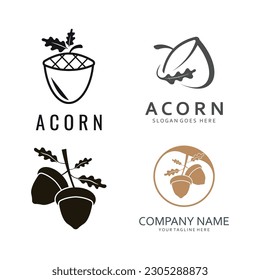 Illustration Design of Acorn with Leaves. Acorn Icon in Flat Style.