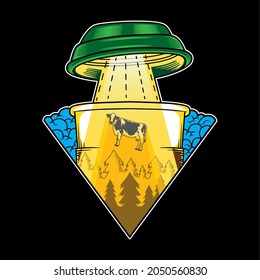 Illustration design alien coffee flying saucer abduction cow funny humor in flat cartoon style. Good for logo, background, tshirt, banner