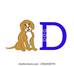 Illustration design of the alphabet letter D in blue color with a brown dog icon in the front