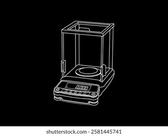 Illustration design of analytical balance icon of laboratory equipment, for measuring the mass of a substance, fine gram scale, flat icon vector in white line style only on isolated black background