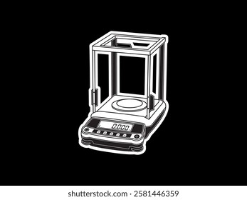 Illustration design of analytical balance icon of laboratory equipment, for measuring the mass of a substance, fine gram scale, realistic icon in black and white style isolated on black background