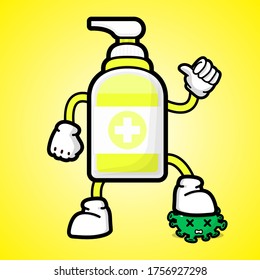 illustration design of antiseptic bottle character with thumb up defeat the virus.