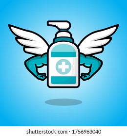 illustration design of antiseptic bottle character with wings showing the muscle.