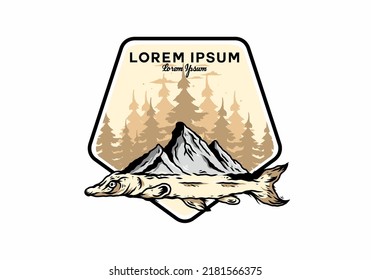 Illustration design of a Arapaima fish and mountain