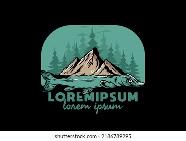 Illustration design of a Arapaima fish and mountain