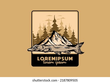 Illustration design of a Arapaima fish and mountain