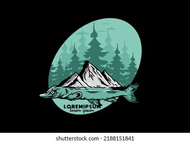 Illustration design of a Arapaima fish and mountain