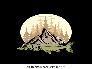 Illustration design of a Arapaima fish and mountain