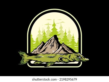 Illustration-Design eines Arapaima-Fisches und Berges