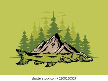 Illustration design of a Arapaima fish and mountain