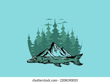 Illustration design of a Arapaima fish and mountain