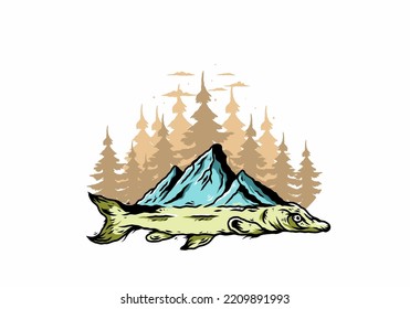 Illustration design of a Arapaima fish and mountain