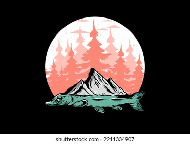 Illustration design of a Arapaima fish and mountain