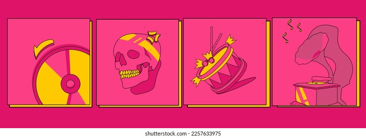 Illustration design asset of CD, skull, drum and old gramophone in Japanese style for poster and album cover needs