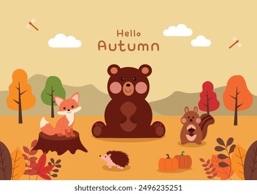 It is an illustration design of autumn scenery animals.