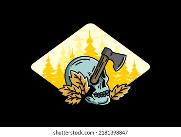 Illustration design of an ax stuck in the skull